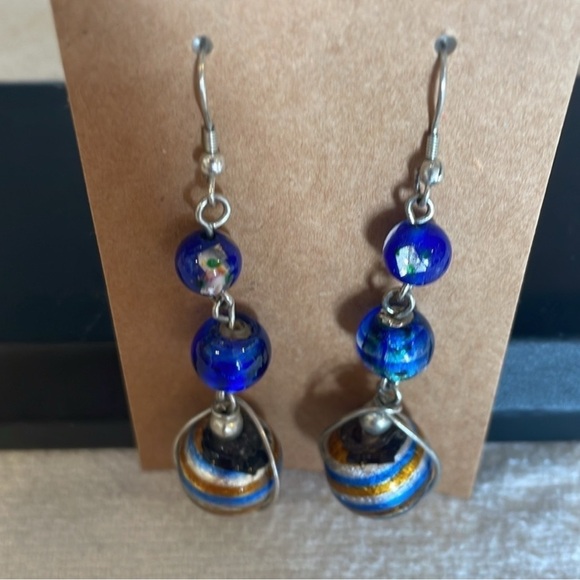 Vintage Glass Art Deco Ball Drop Dangle Blue Metallic Earrings - Picture 4 of 6